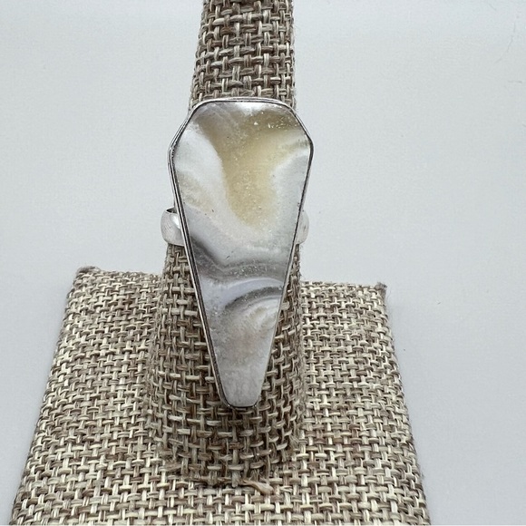 New Zebra Calcite Agate Stone Coffin Shaped Silver Overlay Ring Size 8 - Picture 4 of 8